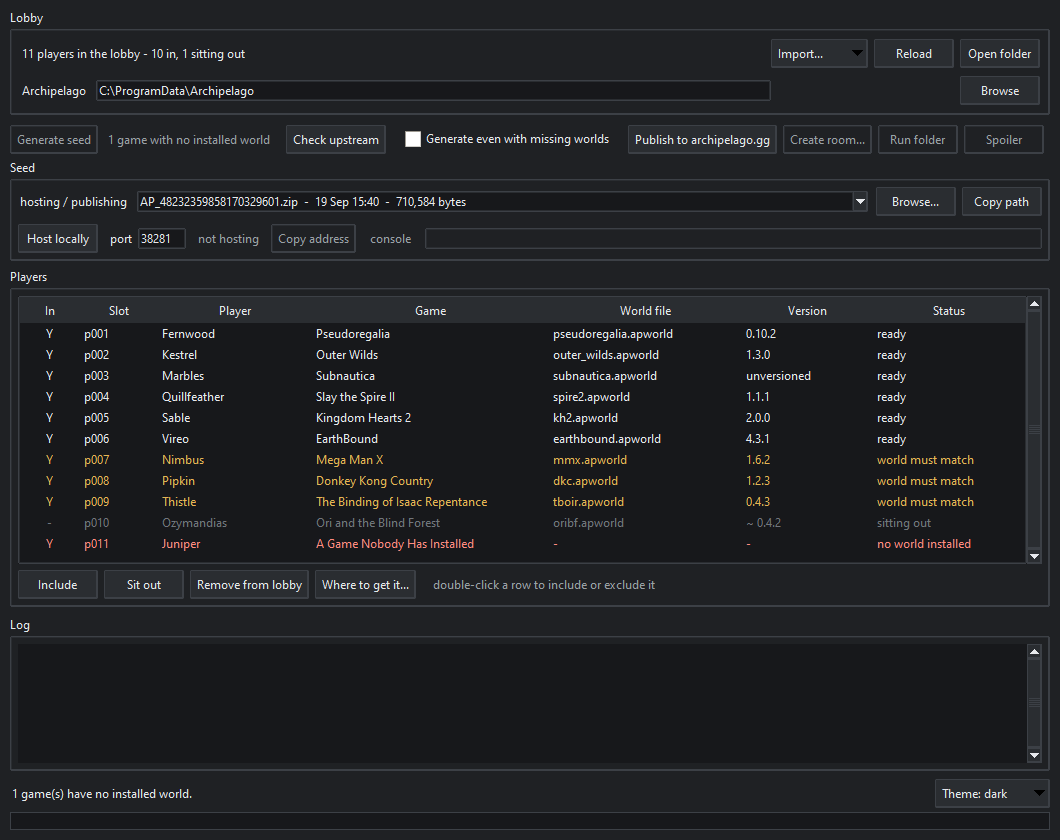 The APLobbyGen window in dark mode: a lobby of eleven players, each row showing the game, the world file that resolves it, its version and its status.